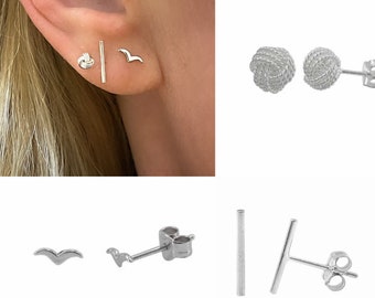 Silver Stud Earrings | stick bar studs | bird studs | love knots | gift for her