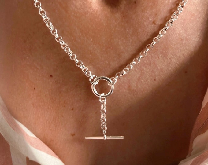 Sterling Silver Rolo Charm Clasp Necklace | T bar extension | 4mm wide