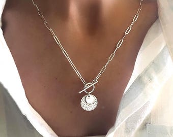 Sterling Silver Toggle Medallion Necklace | paperclip chain