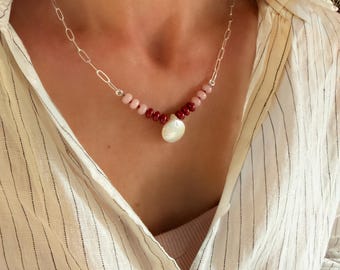 Baroque Pearl + Bead Necklace | pink + red rondelles | paperclip chain