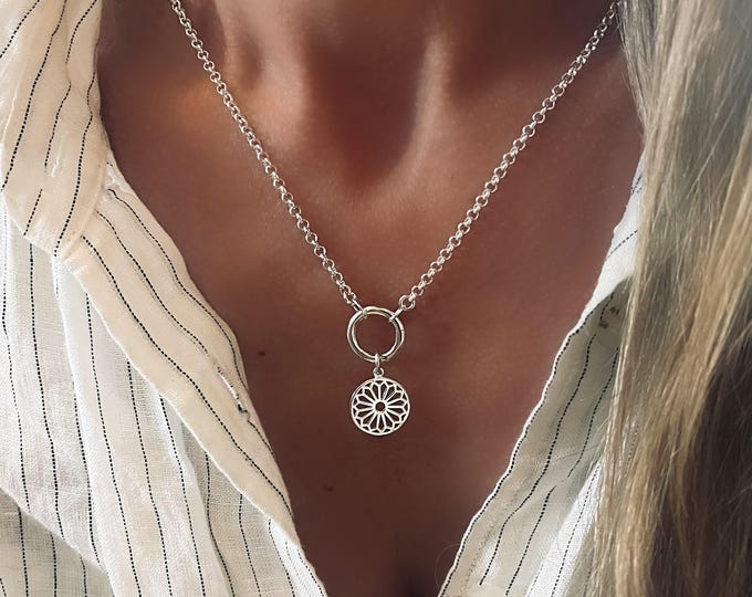 Sterling Silver Mandala Charm Clasp Necklace | 2.8mm rolo chain