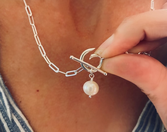 925s Toggle Charm Clasp Necklace | removable pearl pendant | 3.5x9mm links | solid sterling silver