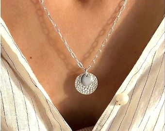 Sterling Silver Layered Medallion Necklace | dainty paperclip chain