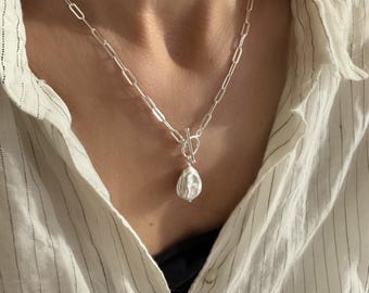 Sterling Silver Toggle Paperclip Chain Necklace | Teardrop Pearl
