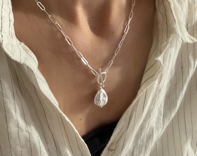 Sterling Silver Toggle Paperclip Chain Necklace | Teardrop Pearl