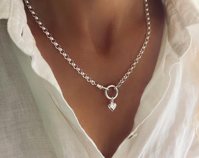 Sterling Silver Puffy Heart Charm Necklace | Charm Clasps | 3.5mm Rolo Chain