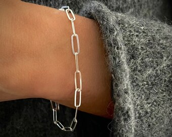 Sterling Silver Paperclip Chain Bracelet | flat drawn cable | 925 sterling silver | lightweight, 3.5mm width | gift for her