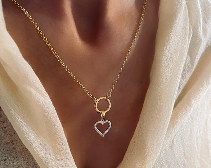 Gold Vermeil Charm Clasp Necklace | Rolo Chain, Optional CZ Heart Pendant