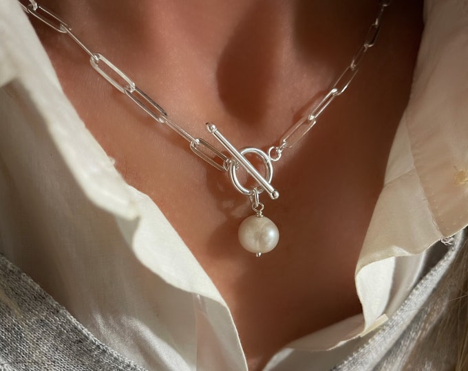 Silver Paperclip Pearl Toggle Necklace | 925 sterling silver | 4 x 11.5mm links | shipping included