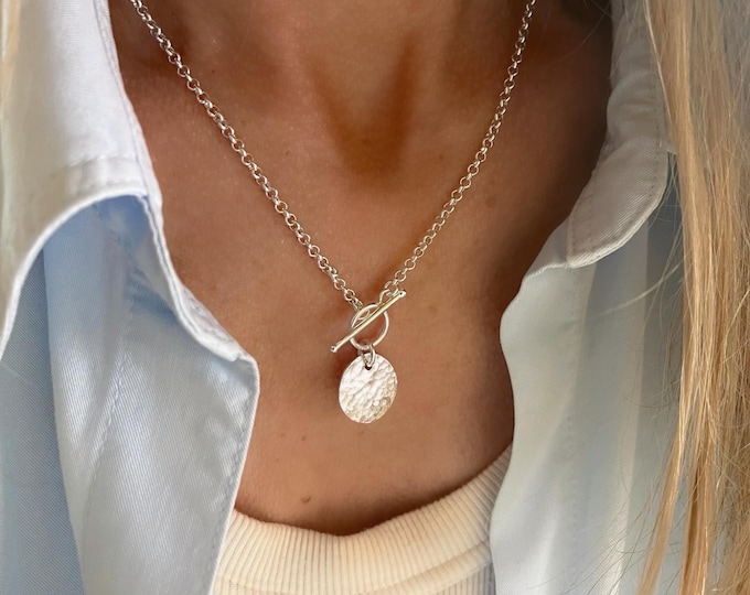 925S Hammered Disc Rolo Chain Necklace | toggle clasp | 925 sterling silver