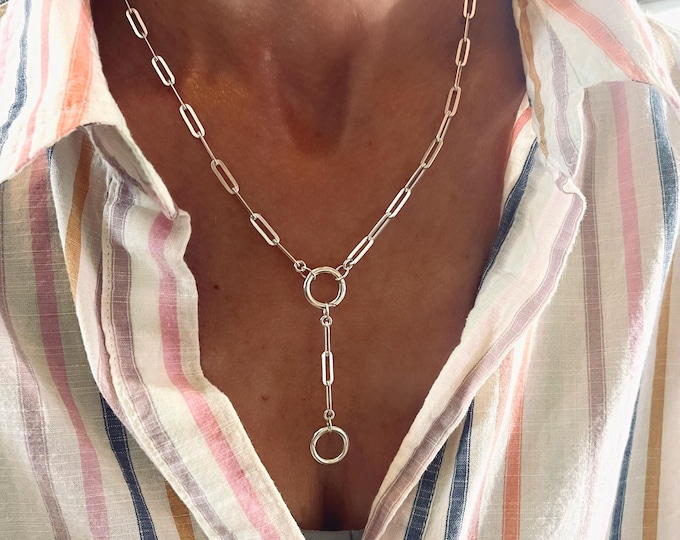 925 Double Charm Clasp Paperclip Necklace | removable extension | sterling silver | 4 x 11.5mm link chain