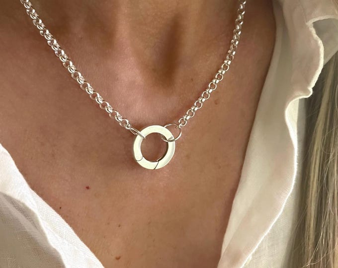 925 Silver Large Charm Clasp Necklace | 4mm rolo chain | sterling silver