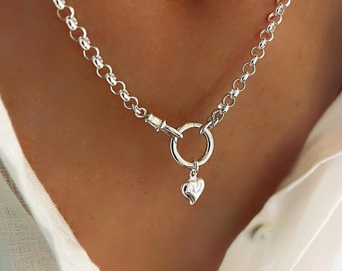 925S Double Charm Clasp Puffy Heart Necklace | rolo chain 4mm wide | solid sterling silver