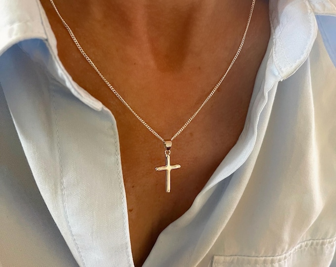 925 Silver Cross Necklace | thin curb chain | gift for her or him