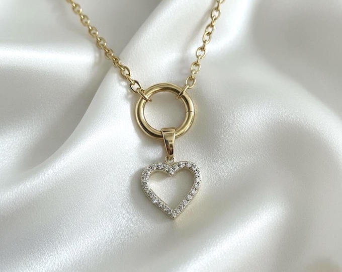 Gold Pavé Heart, Charm Clasp Necklace | Rolo Chain | 14k gold vermeil