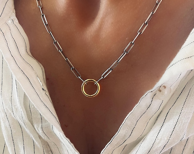 Paperclip Chain Necklace | Mixed Metals Layering Jewelry | Gold Vermeil Charm Clasp | Sterling Silver Link Chain | Dainty Minimalist Gift