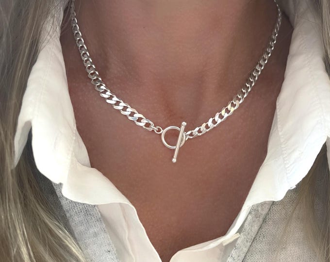 Sterling Silver Curb Chain Toggle Necklace