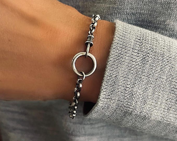 Sterling Silver Oxidized Rolo Bracelet | double clasps | 3.5mm width