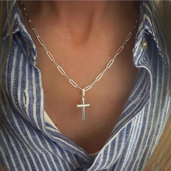 925 Silver Cross Necklace | Flat Paperclip Chain, 3.5mm - Etsy