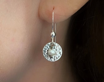 Silver Pearl Earrings | hammered round drops | tiny white pearls | solid 925 Sterling Silver