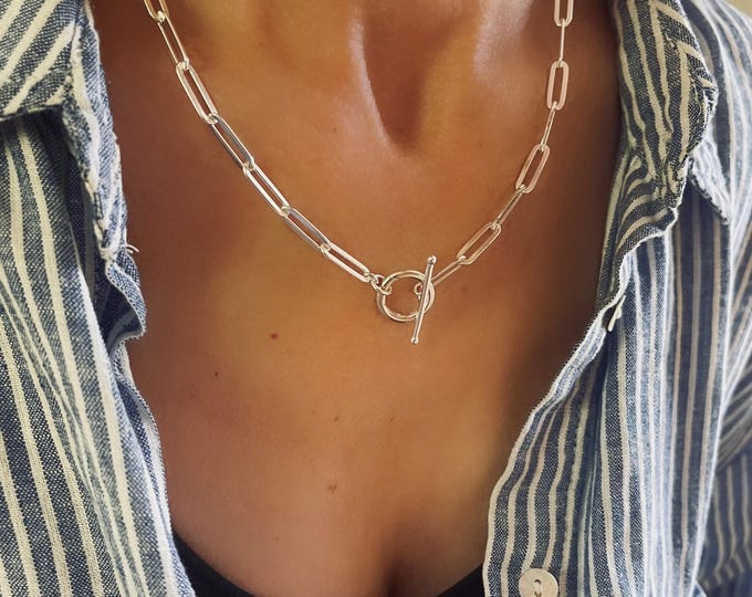 925 Silver Charm + Toggle Clasp Necklace | add a charm | paperclip chain 4.5 x 14mm links