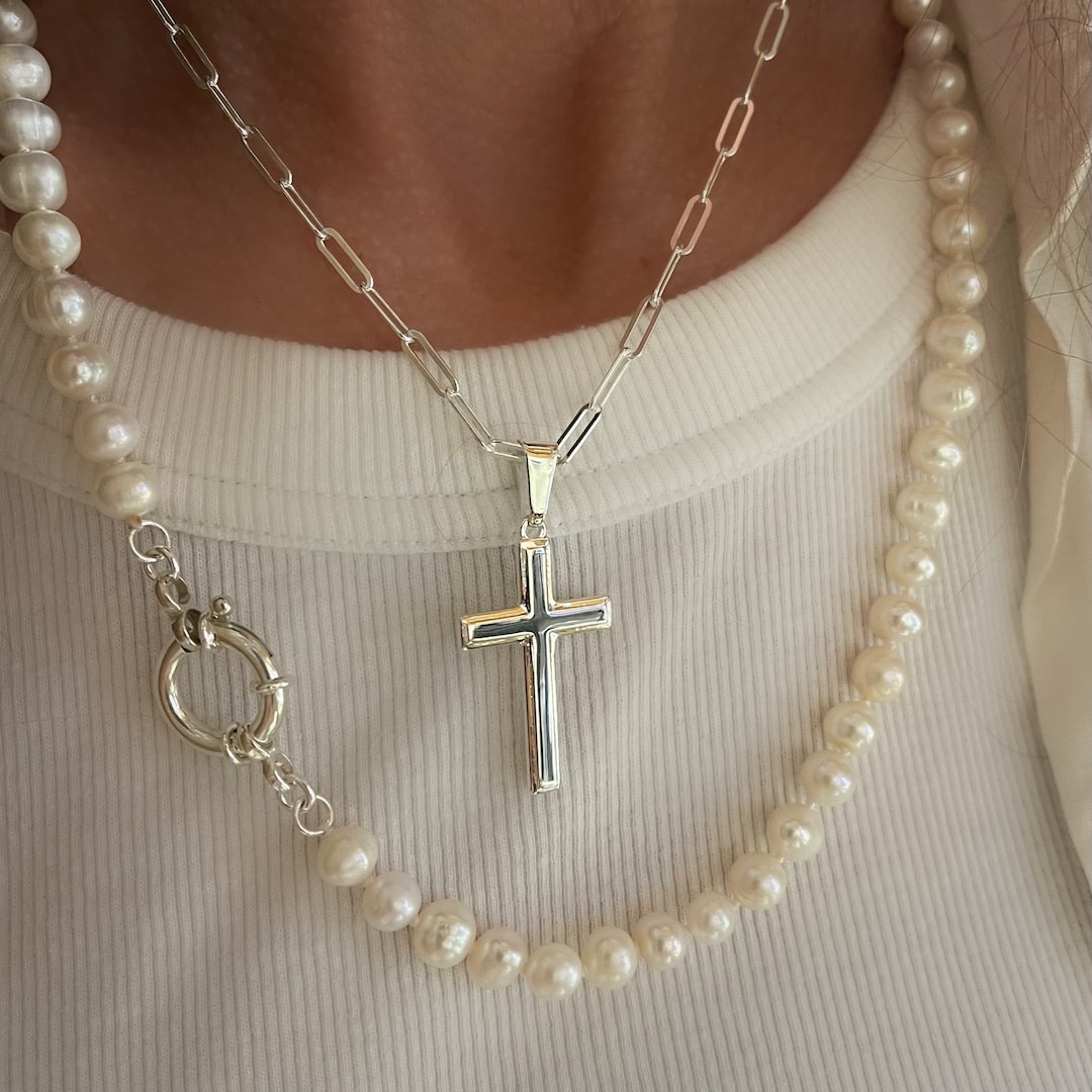 Silver Paperclip Cross Necklace Larger Cross Pendant 925 Etsy