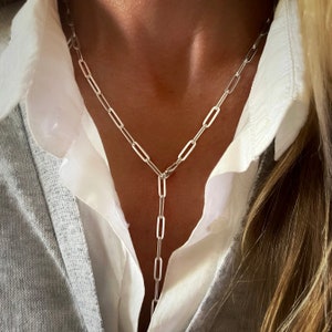 Silver Flat Paperclip Chain | lariat Y Necklace | 925 sterling silver | 4x11.5mm links | gift for her