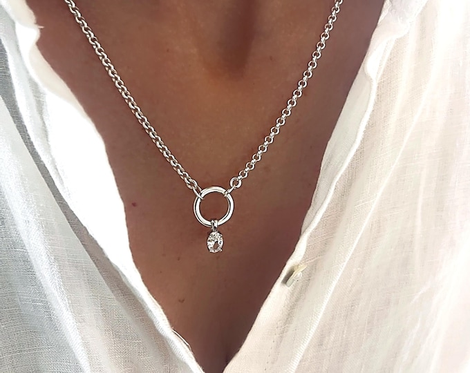 Sterling Silver CZ Pendant Necklace | charm clasp | 2.8mm rolo chain