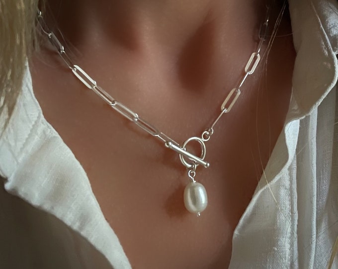 Silver Flat Paperclip Toggle Necklace | single pearl | 925 sterling silver | 4x11.5mm links