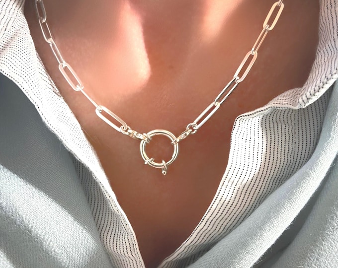 925 Silver Flat Paperclip Necklace | sailor bolt clasp | 4.5 x 14mm links