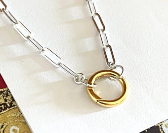 Mixed Metals Paperclip Necklace | charm collector clasp | 925 sterling silver + 14k gold vermeil