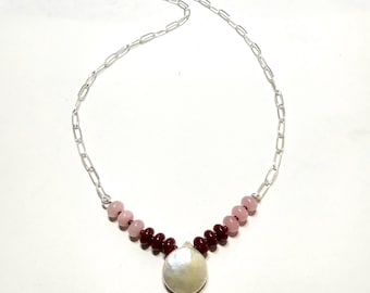 Baroque Pearl + Bead Necklace | pink + red rondelles | paperclip chain