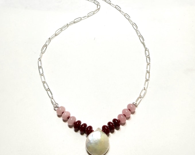 Baroque Pearl + Bead Necklace | pink + red rondelles | paperclip chain