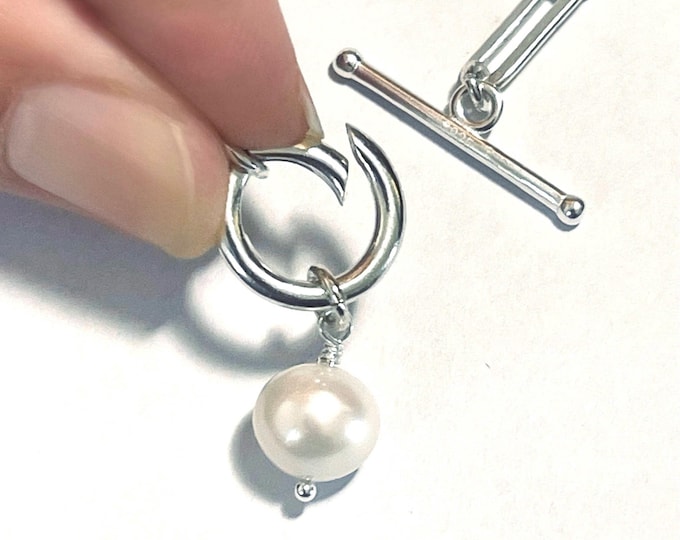 Sterling Silver Toggle Charm Clasp Necklace | optional removable pearl | paperclip chain 4x11mm links