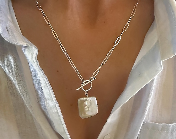 925 Silver Toggle Pearl Necklace | large baroque square pearl