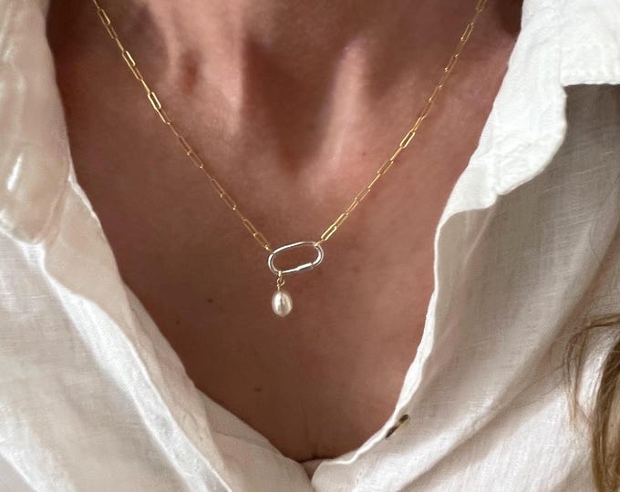 Dainty Pearl Mixed Metals Carabiner Necklace | gold flat Paperclip | silver clasp | 925 sterling silver + 14k gold filled