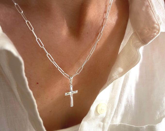 Sterling Silver Cross Paperclip Chain Necklace | 2 cross options