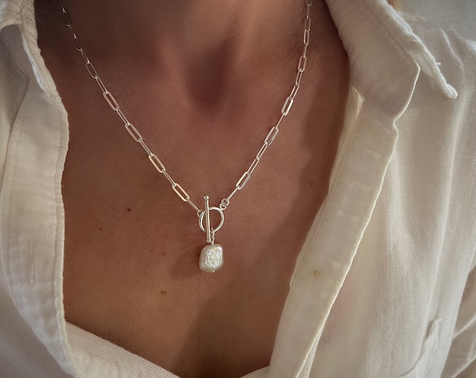 925 Silver Paperclip Pearl Toggle Necklace | small square pearl | sterling silver