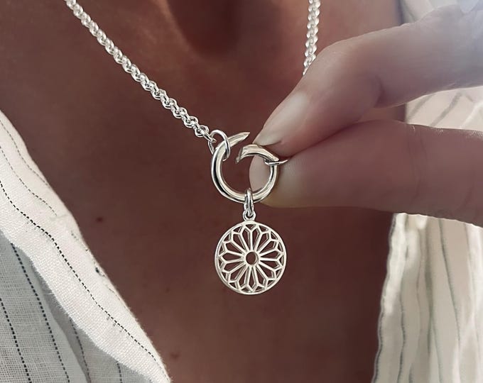 Sterling Silver Mandala Charm Clasp Necklace | 2.8mm rolo chain