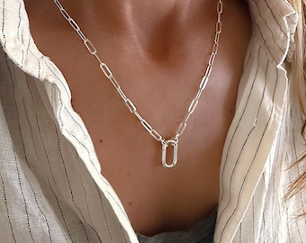 925s Carabiner Charm Clasp Necklace | flat paperclip chain, 3.5mm | solid sterling silver