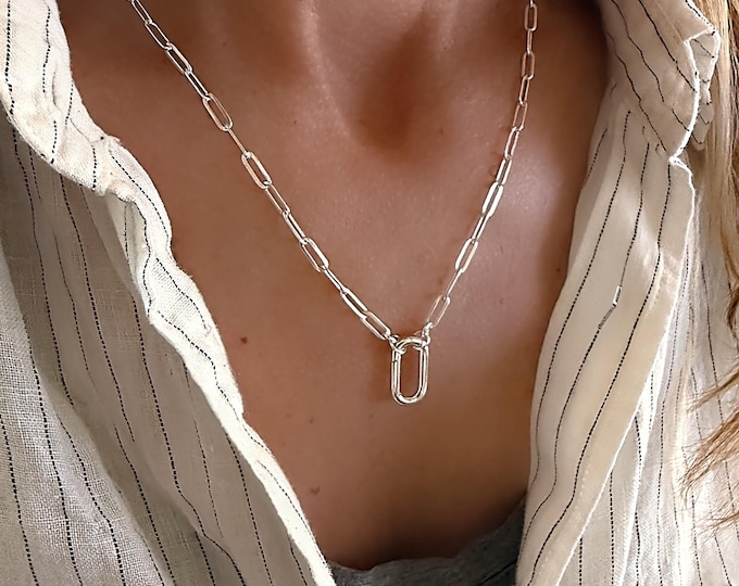 925s Carabiner Charm Clasp Necklace | flat paperclip chain, 3mm | solid sterling silver