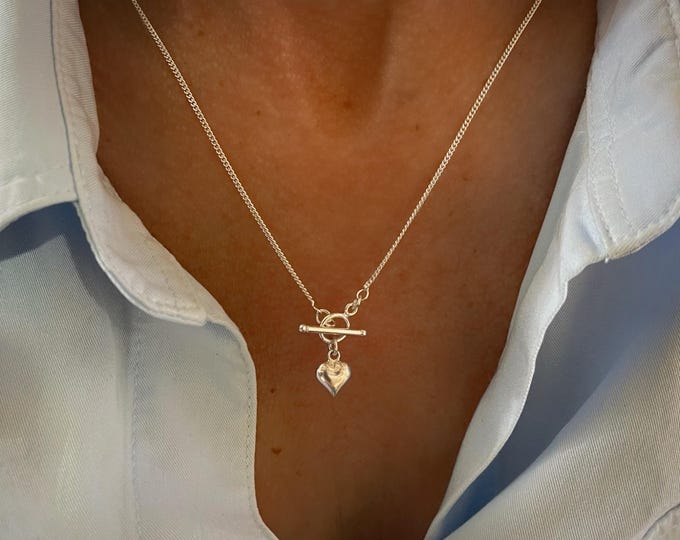 Silver Puffy Heart Toggle Necklace | 1.5mm curb chain | 925 sterling silver