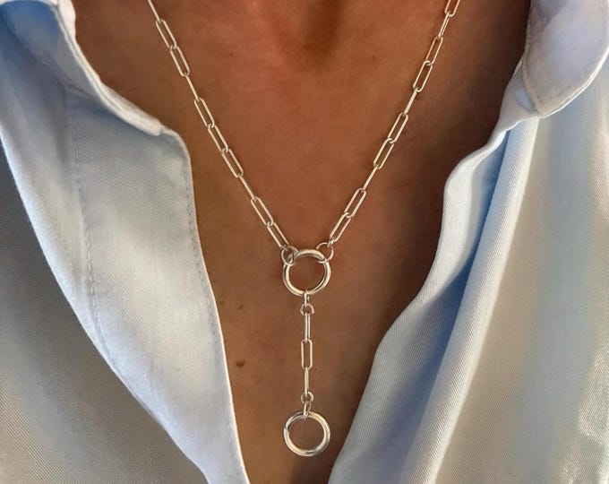 925 Silver Double Charm Clasp Necklace | paperclip chain 3x9 | removable extension