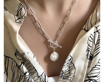 Silver Toggle Coin Pearl Necklace | Paperclip Chain