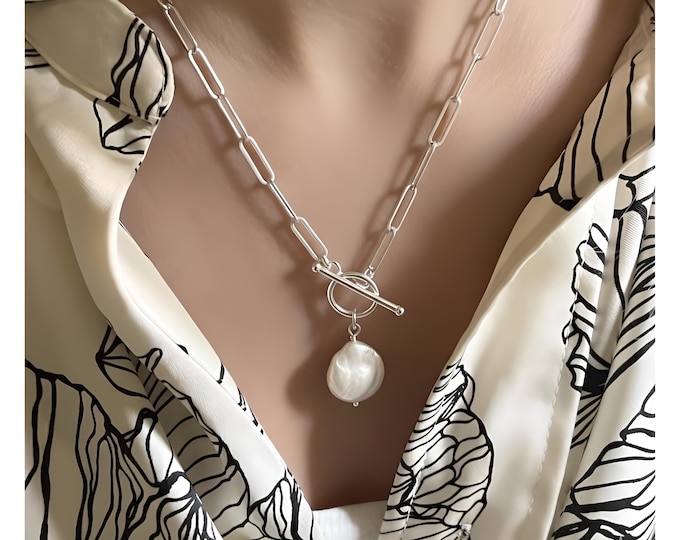 Silver Toggle Coin Pearl Necklace | Paperclip Chain