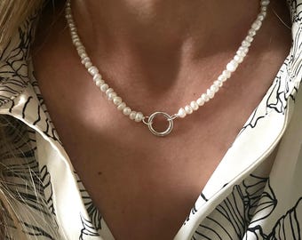 Pearl Choker Charm Clasp Necklace | add your own charms | 16.5 inches long | gift for her