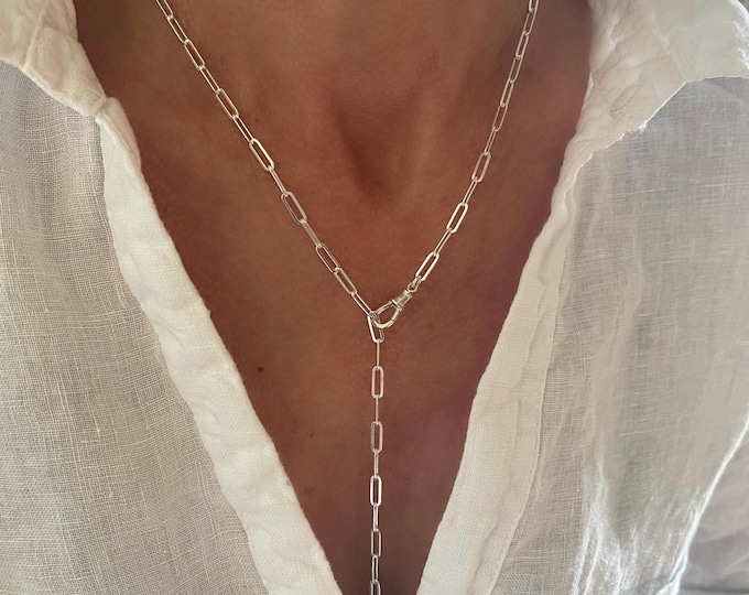 Silver Lariat Swivel Clasp Necklace | flat paperclip chain | 925 sterling silver
