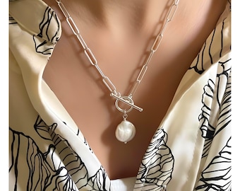 Silver Toggle Coin Pearl Necklace | Paperclip Chain