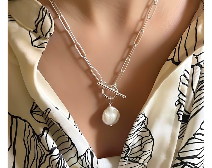 Silver Toggle Coin Pearl Necklace | Paperclip Chain