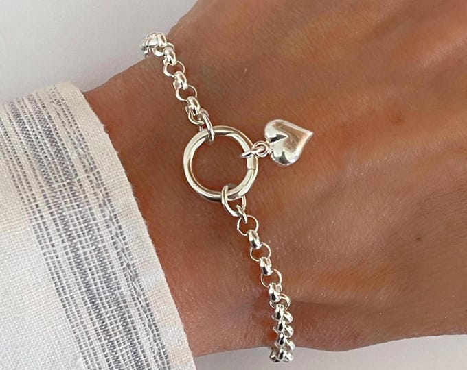 Sterling Silver Rolo Puffy Heart Bracelet | removable charm